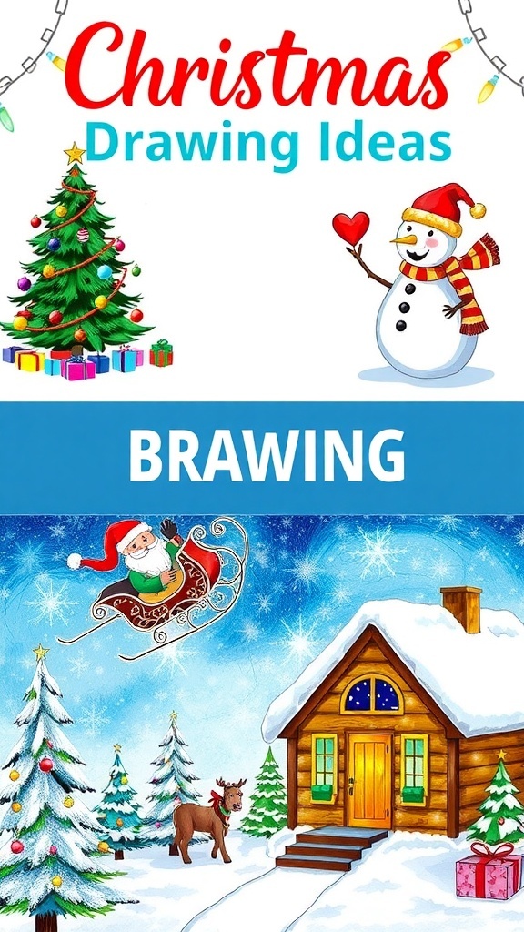 A vibrant collection of Christmas drawings featuring a tree, snowman, Santa, and a cabin in the snow.